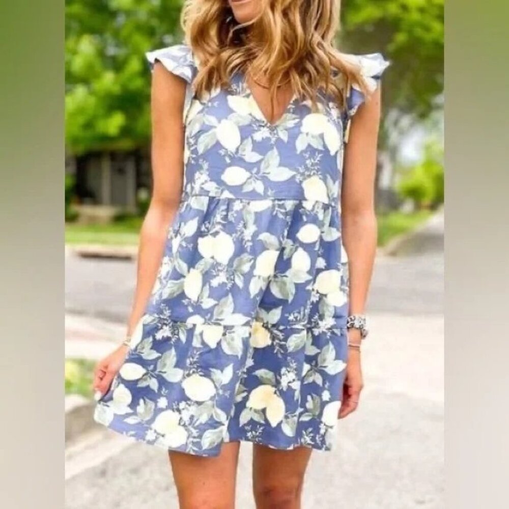 Abercrombie & Fitch Blue Floral Mini Dress with White Lemon Print
